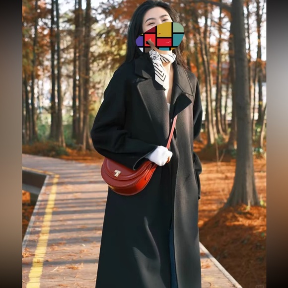 Wool coat black belted fall winter pea coat women’s - Picture 2 of 3